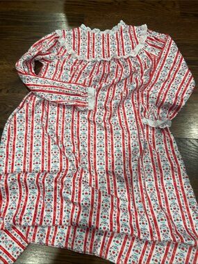 Girls Red & White Striped Floral Nightgown with Lace Collar